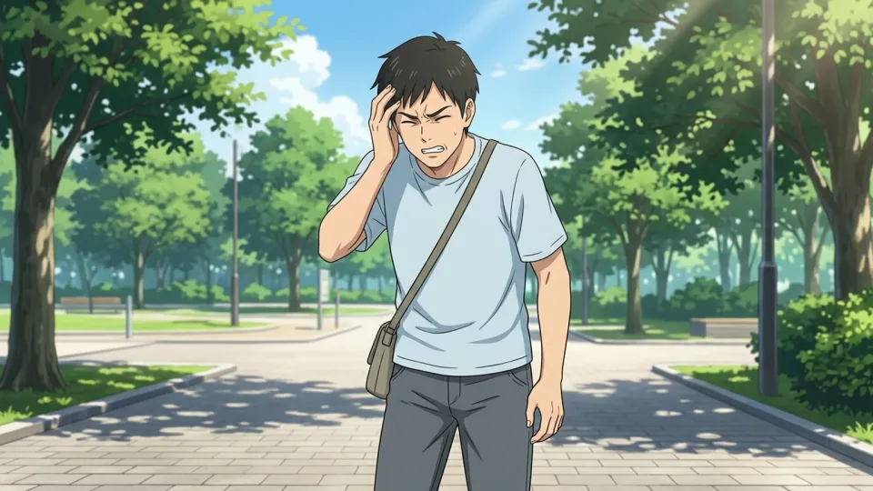 夏の暑さで頭痛に苦しむ人。
