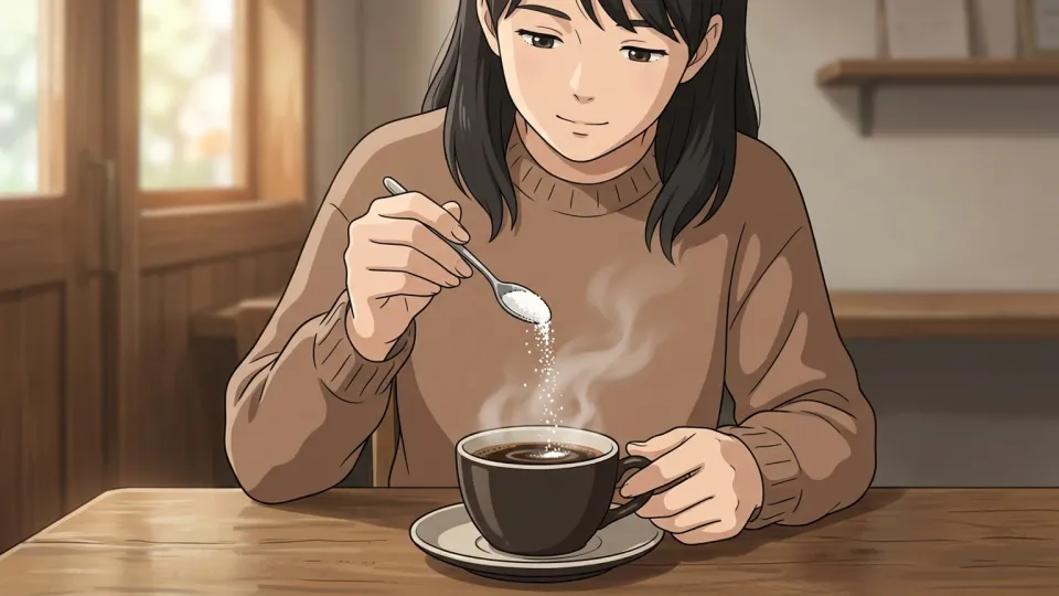 コーヒーに砂糖を入れる様子