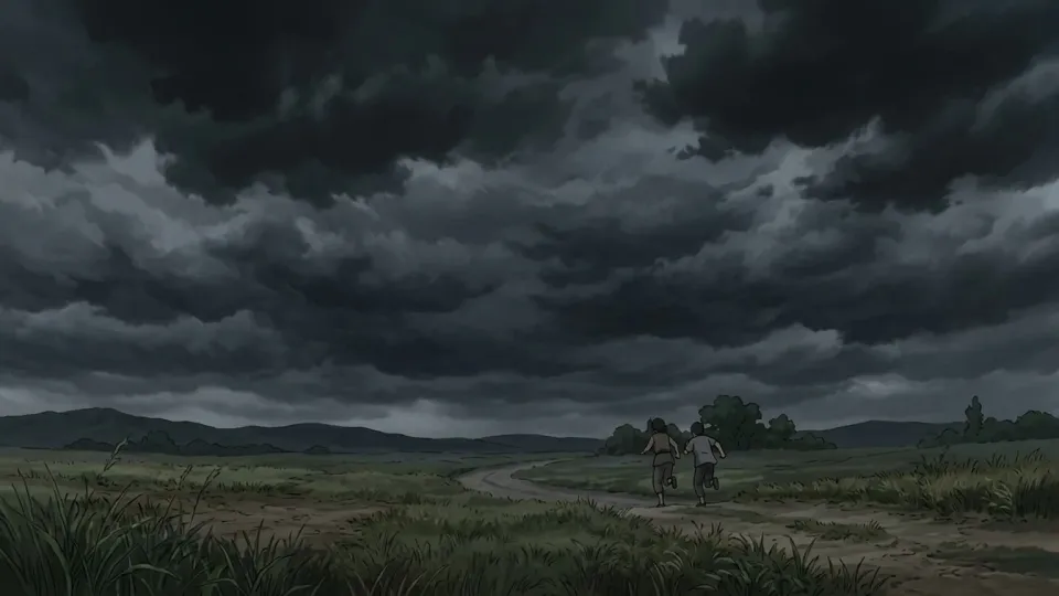 空に広がる暗い黒雲と、嵐の接近を予感させる風景。