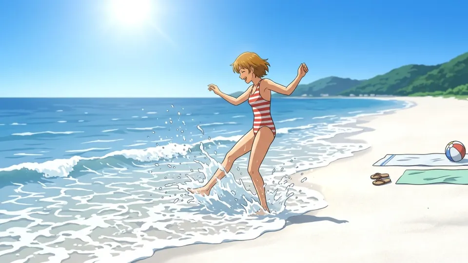 夏に海辺で遊ぶ家族