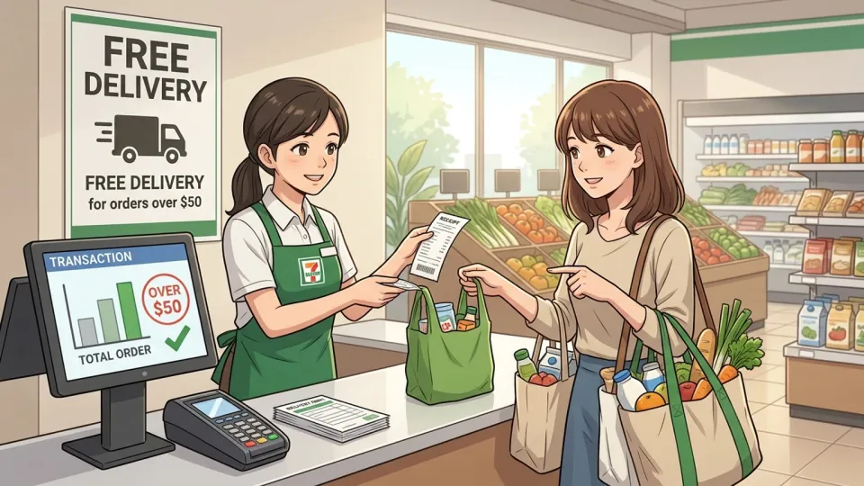 新しいスーパーマーケットの配送受付で、店員が50ドルを超える買い物をした客の無料配送手続きをしている様子