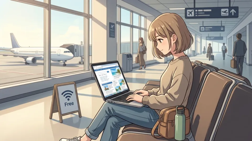 空港の無料Wi-Fiでウェブを閲覧する旅行者
