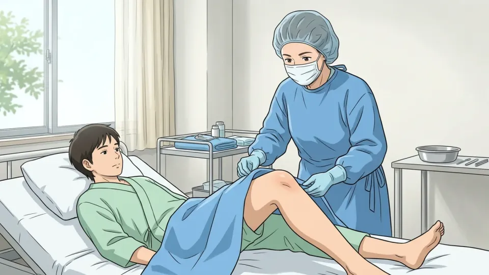 膝の怪我を治すために手術を受ける患者。