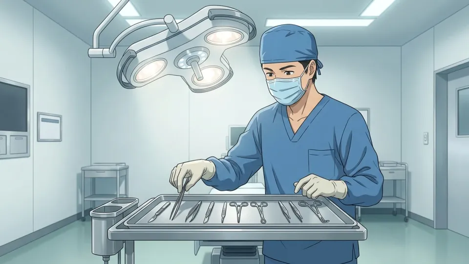手術室で器具を準備する外科医