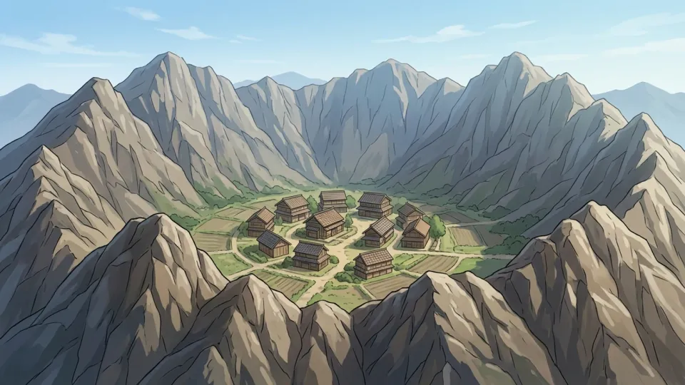 山々に囲まれた静かな村の風景
