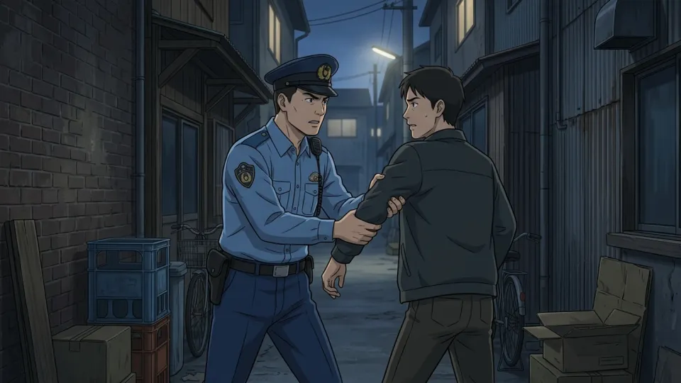 窃盗の疑いで警察官に拘束される男。