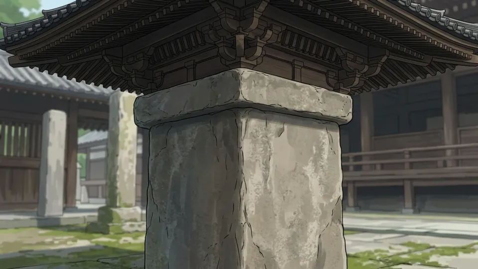 古代寺院の重い屋根を支える太い石柱
