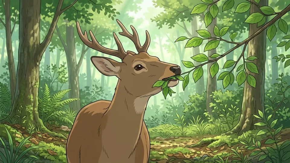 森の中で草を食べる動物の様子