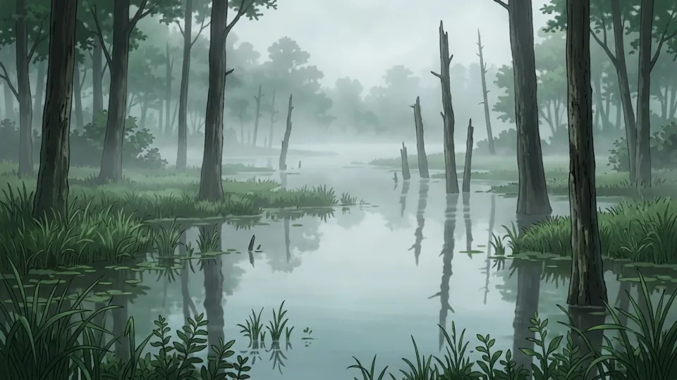 霧が立ち込める湿地帯の風景