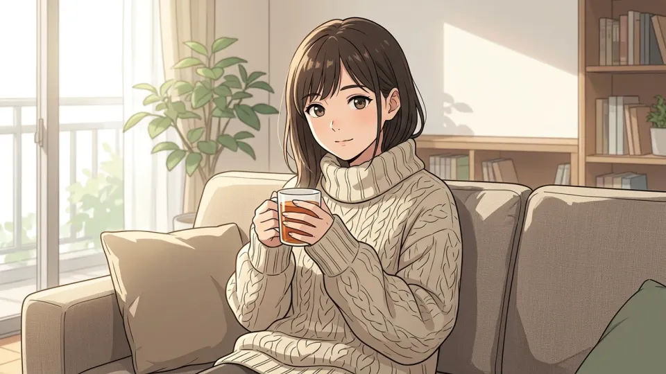 部屋でセーターを着ている女性