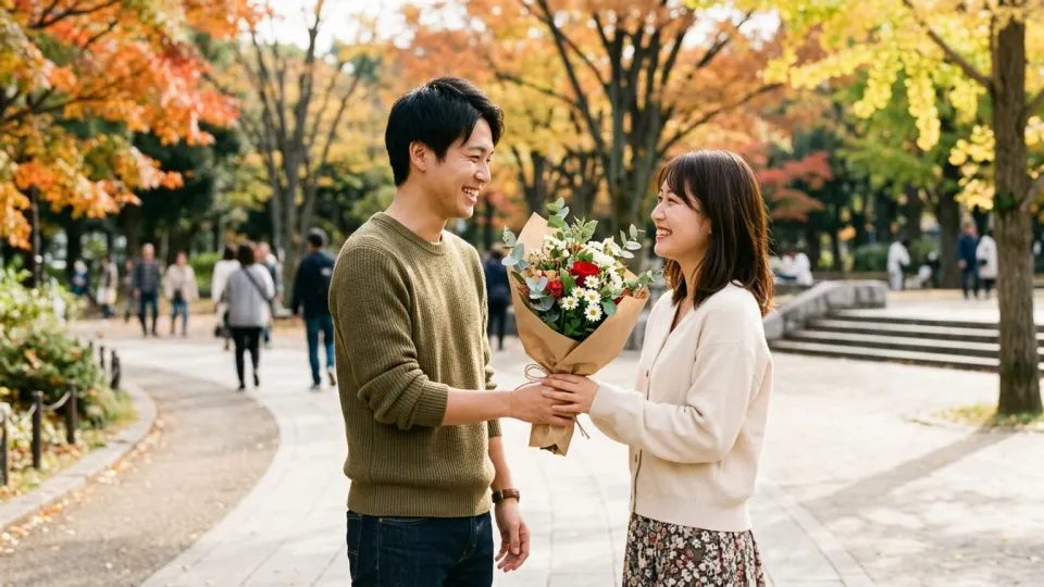 男性が女性に花束を渡している場面