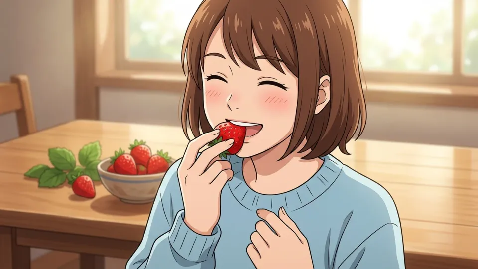 女性が新鮮なイチゴを食べながら甘みを感じて笑顔になっている場面