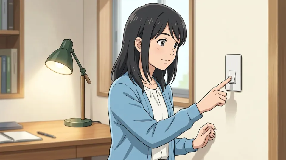 デスクライトのスイッチを押す女性の手。