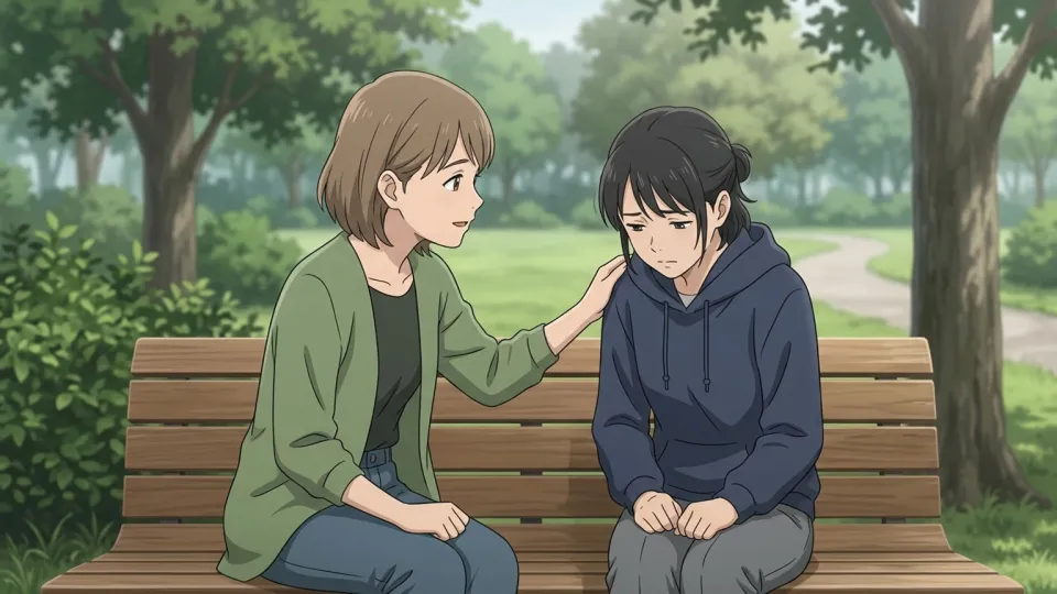 女性が友人の肩に手を置き親身になって話を聞いているイラスト