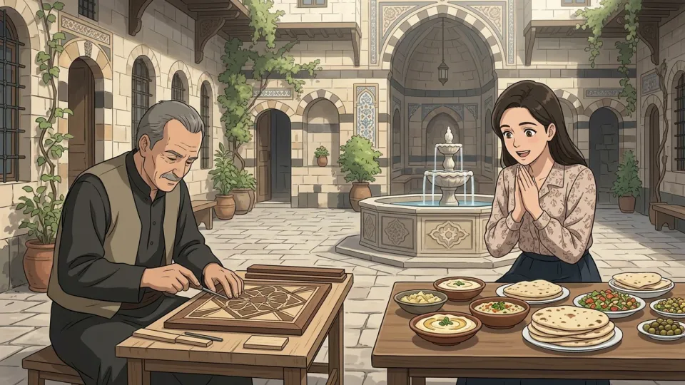 食卓に並んだ伝統的なシリア料理を楽しむ女性