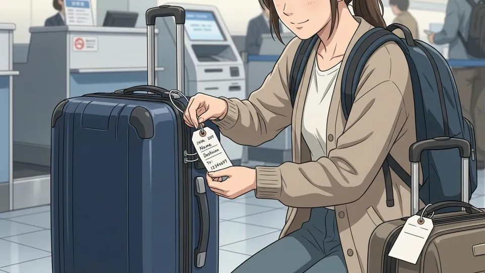 搭乗手続き前にスーツケースへ手荷物札を付ける旅行者