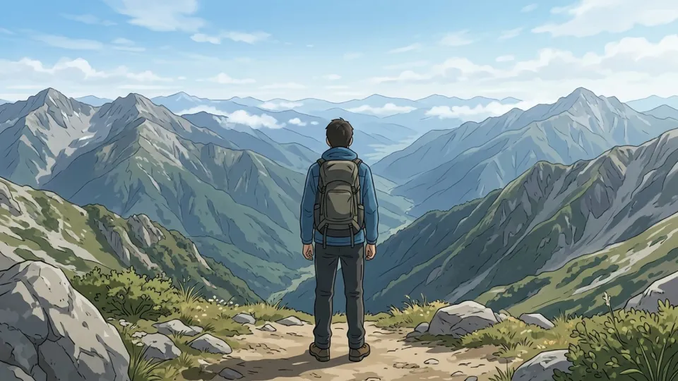 壮大な山の景色を深く味わうハイカー