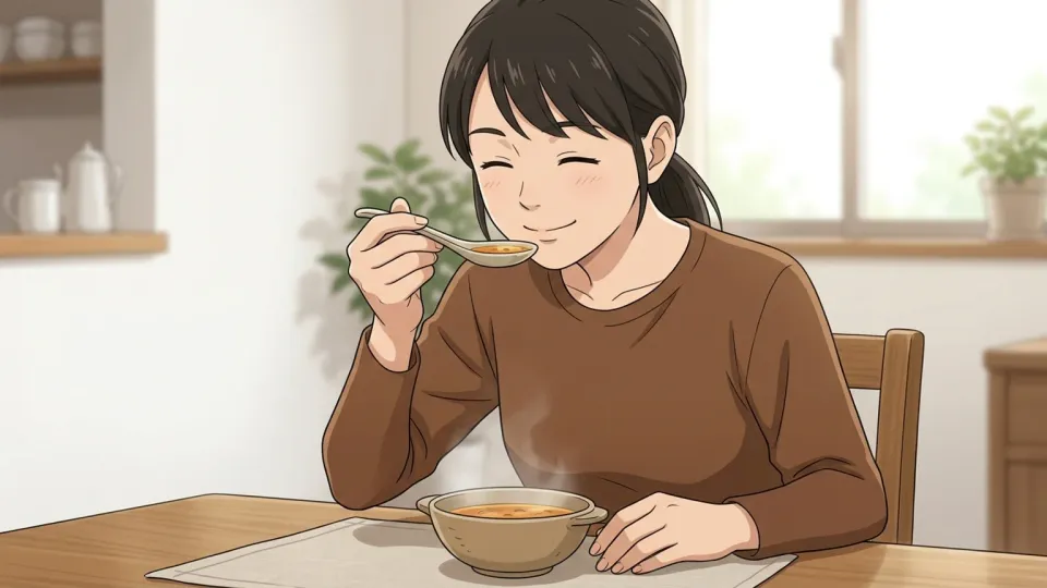 スープを味わう人物