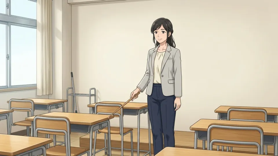 教室の前に立っている先生。