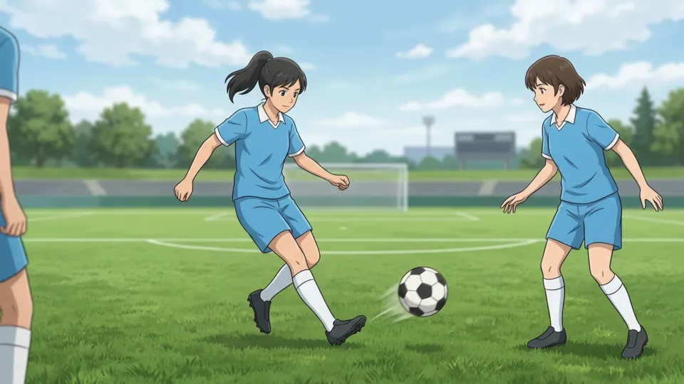 チームメイトにパスする女性サッカー選手