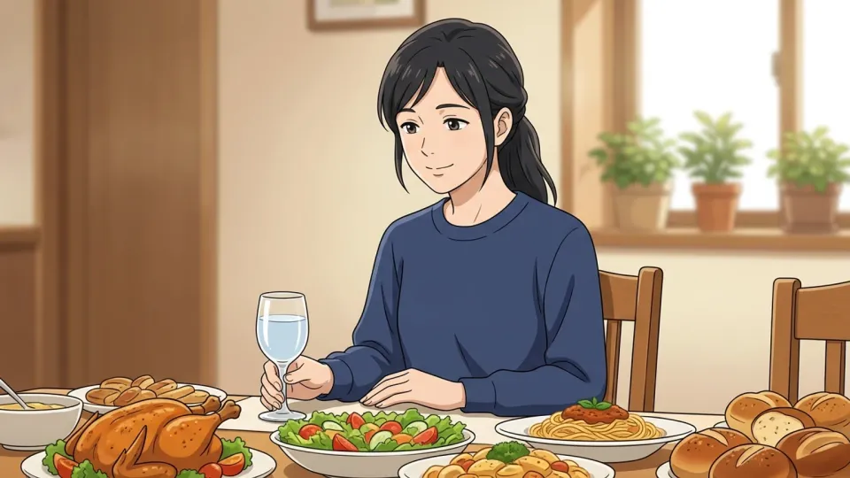 食卓で贅沢な料理を前にして水を選び、節度を示している女性のイラスト。