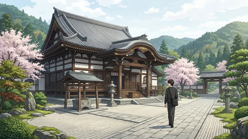 伝統的な木造の寺院の建物と緑豊かな境内