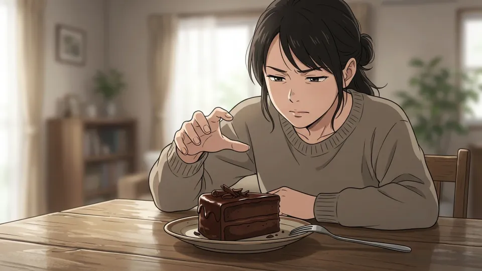 チョコレートケーキの誘惑に葛藤する女性
