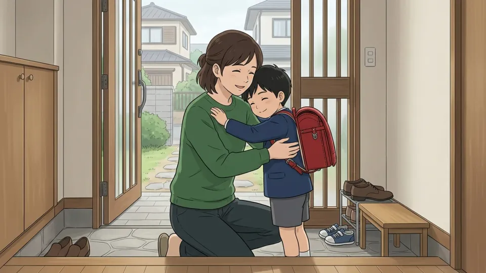 母親が子供を優しく抱きしめている様子。