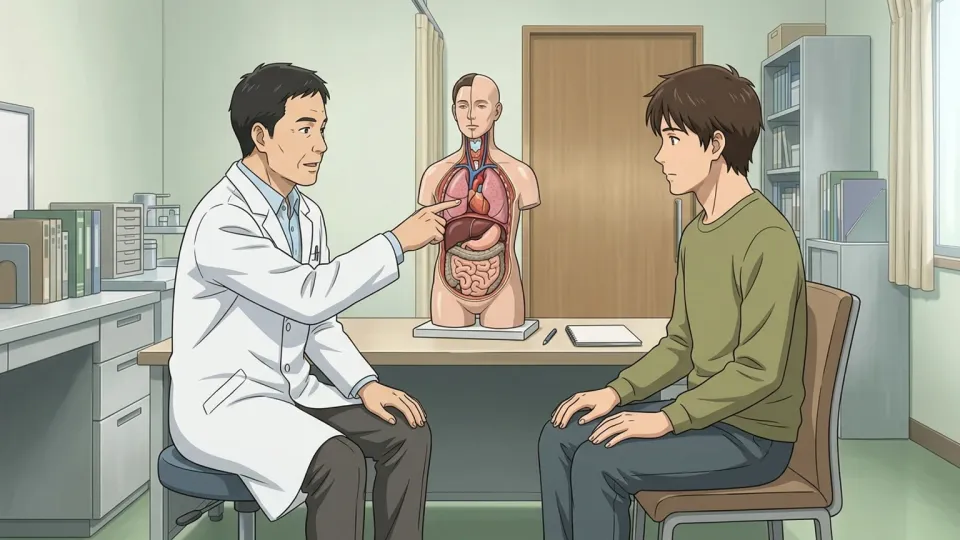 医師が患者に専門用語を説明している場面