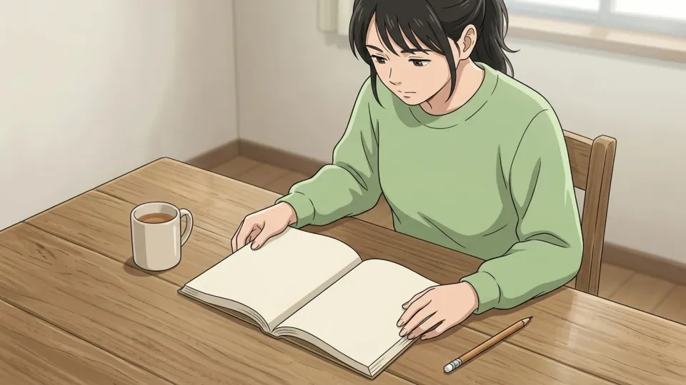 女性が机の上で教科書を開いているイラスト