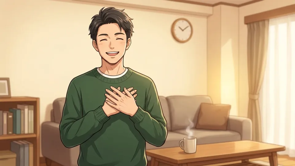 胸に手を当てて感謝の表情を浮かべる男性