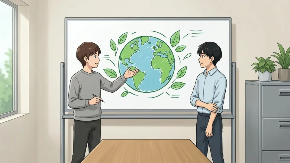 環境保護のイラストが描かれたボードの前に集まる会議の人々