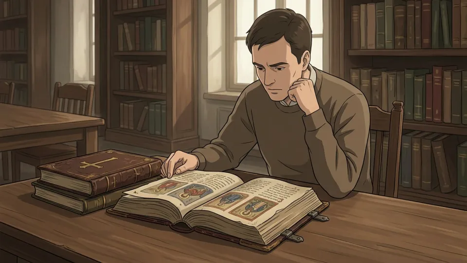 図書館の机で神学の書物を開いて勉強している男性