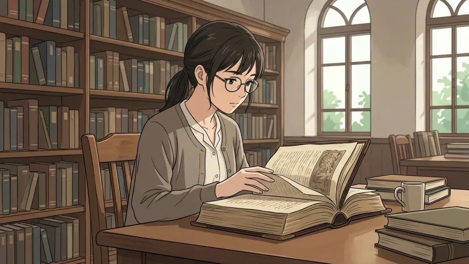 大学の机で分厚い専門書を開いて学術研究を行う女性の姿