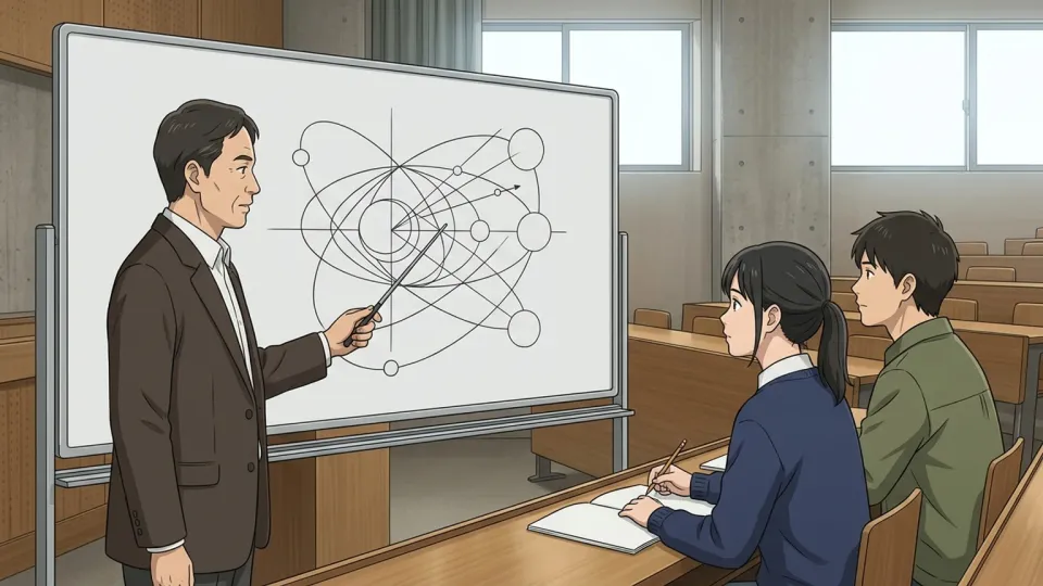 教授が黒板の図を使って重力の理論を解説している。
