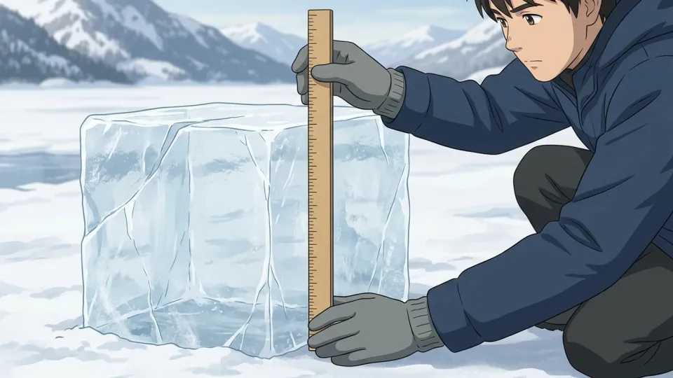 氷の厚さを定規で測る様子