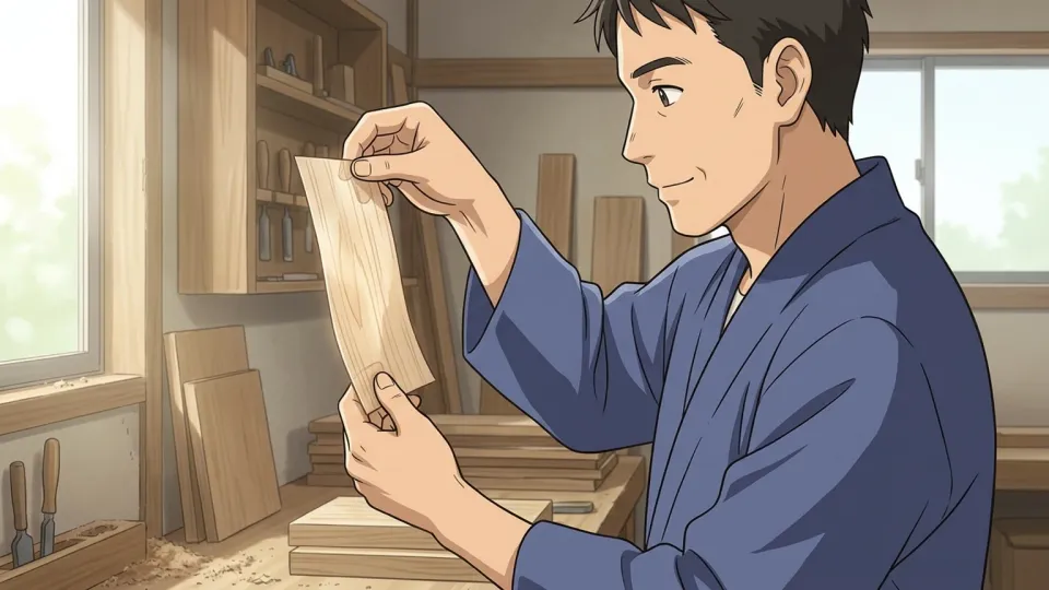 光に透かされた薄い木の板を持つ職人の手
