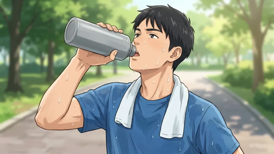 運動後に水筒で水を飲む男性