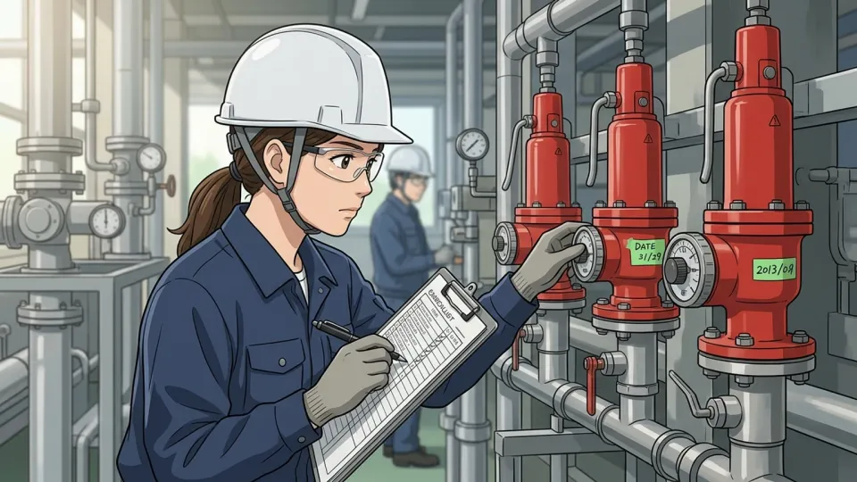 すべての安全弁を入念に確認する技術者
