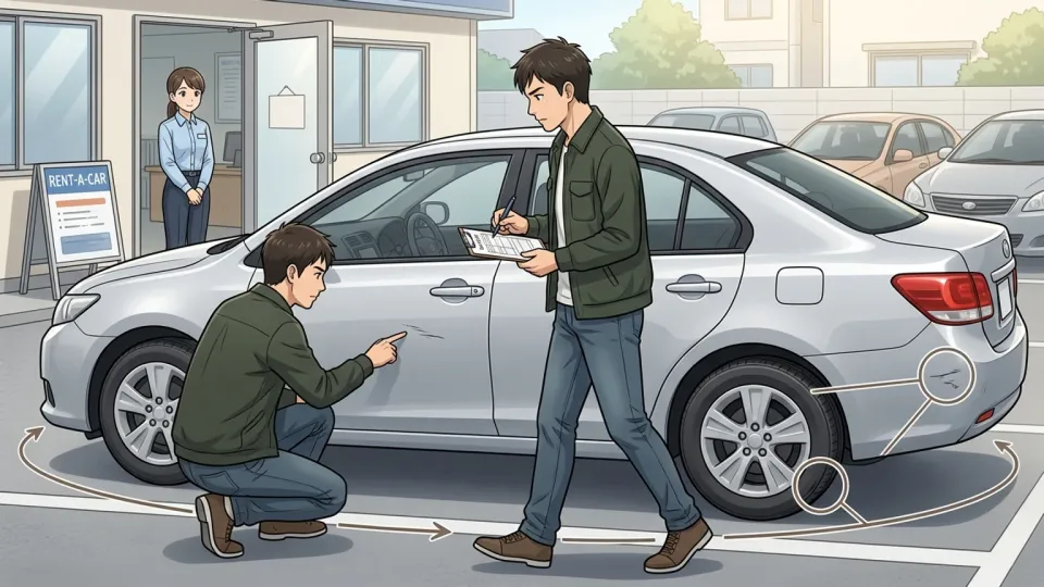 レンタカー営業所で利用者が署名前に車体を一周し、傷やタイヤを念入りに点検している様子