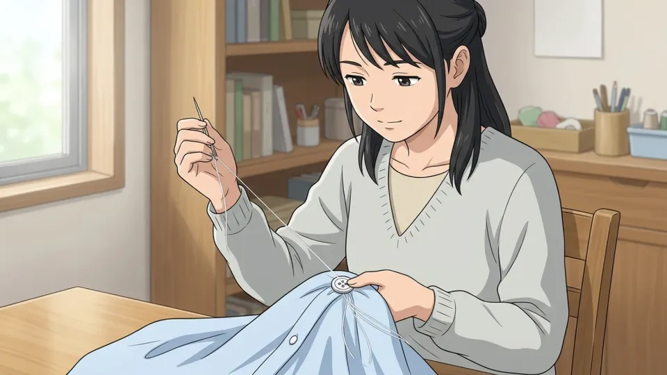 ボタンを縫い付けるために白い糸を通す女性の手元