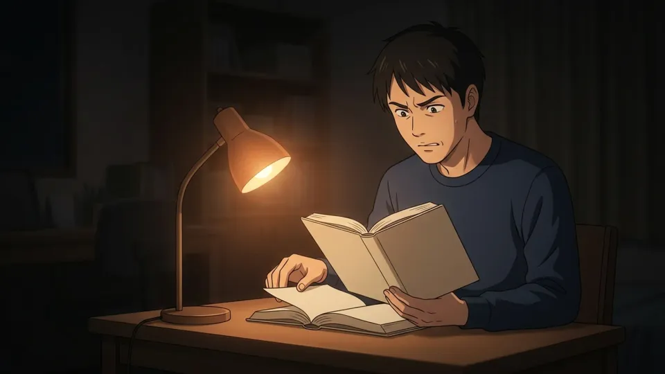 深夜の部屋で緊張感を持って本を読む男性