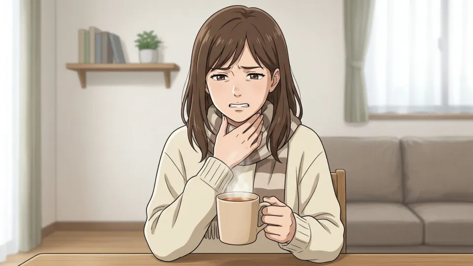 温かいお茶を飲んでのどの痛みを和らげようとする女性