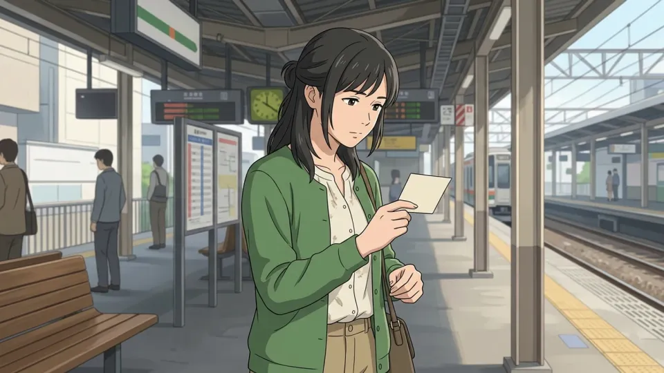 駅で切符を手に持つ女性