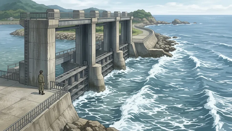 海の波を利用する潮汐発電所の風景