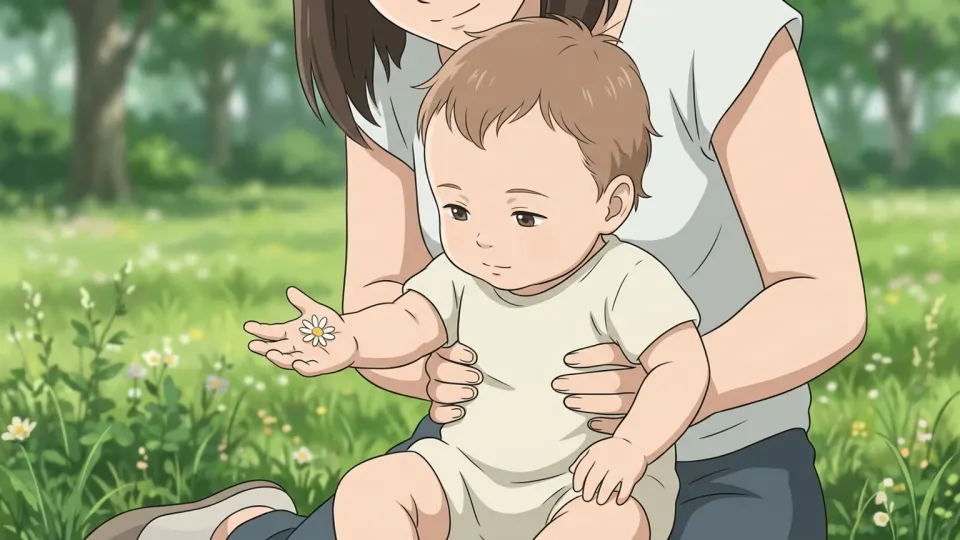 赤ちゃんの手の中に握られた小さな花