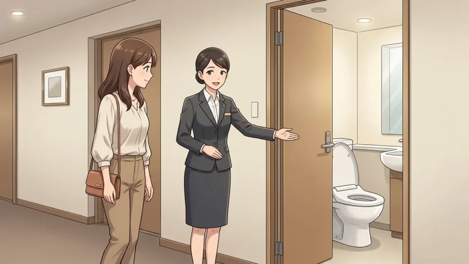 スタッフが客にトイレの場所を案内している