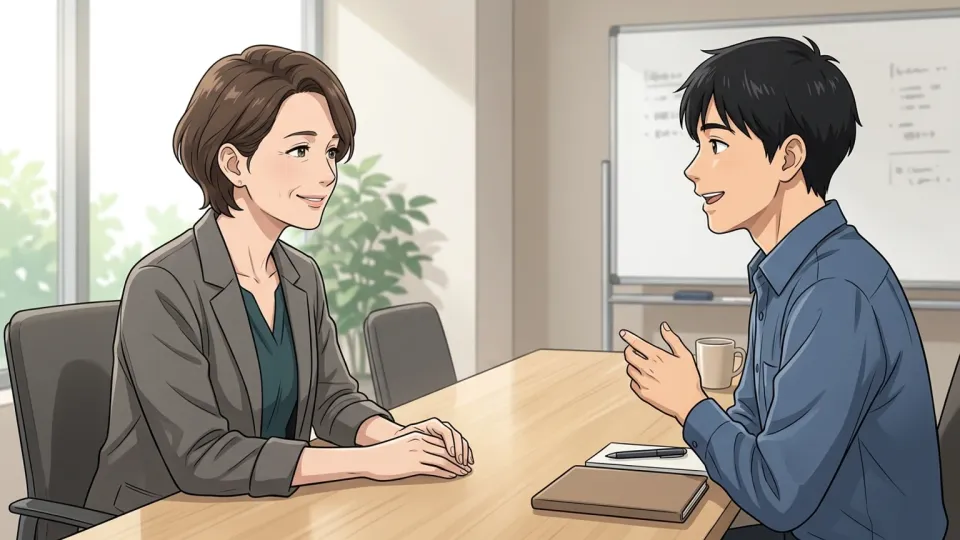 部下の意見を穏やかに聞くマネージャーのイラスト