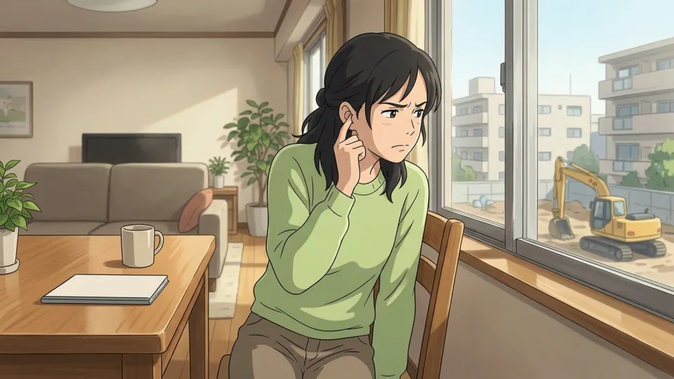 騒音に耐える女性