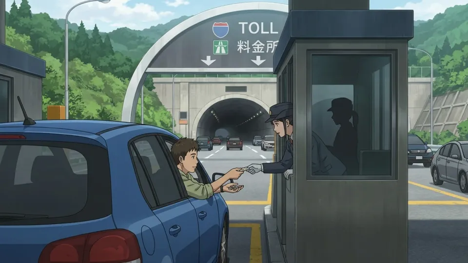 トンネルに入る前に料金所で通行料金を払う運転者